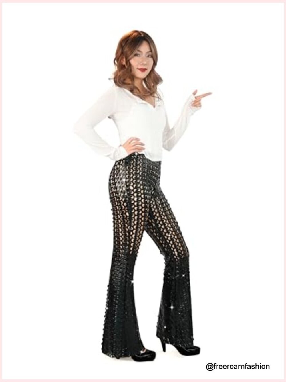 Sequin Flare Pants High Waisted Bell Bottom Sparkly Glitter Party Trousers - Picture 4 of 5